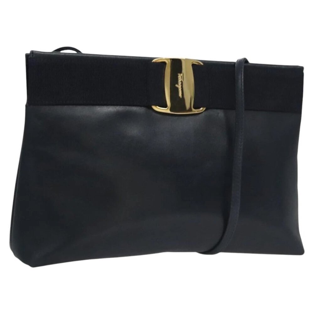 Salvatore Ferragamo Vala Shoulder Bag Leather Black Gold Auth bs21852